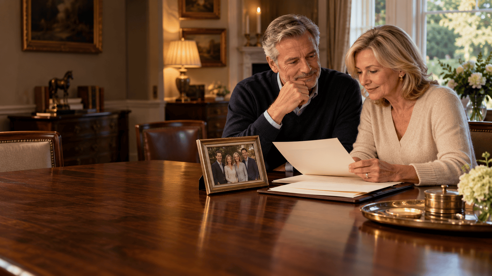 Couple discussing their Will and family photograph at home as part of blended family estate planning