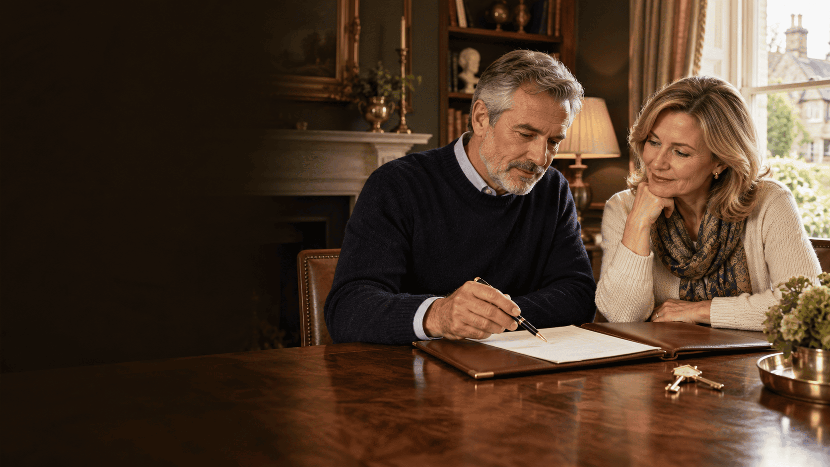 Couple reviewing home ownership and Will documents together at a walnut table