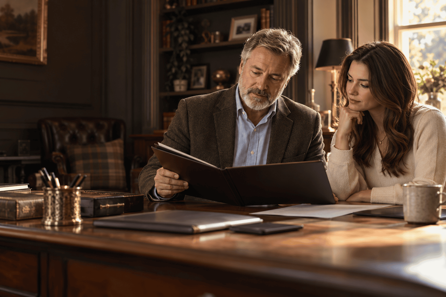 Business owner and family member reviewing plans for the future of their business