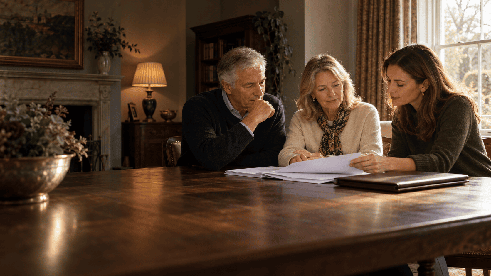 Family reviewing estate planning documents together at home