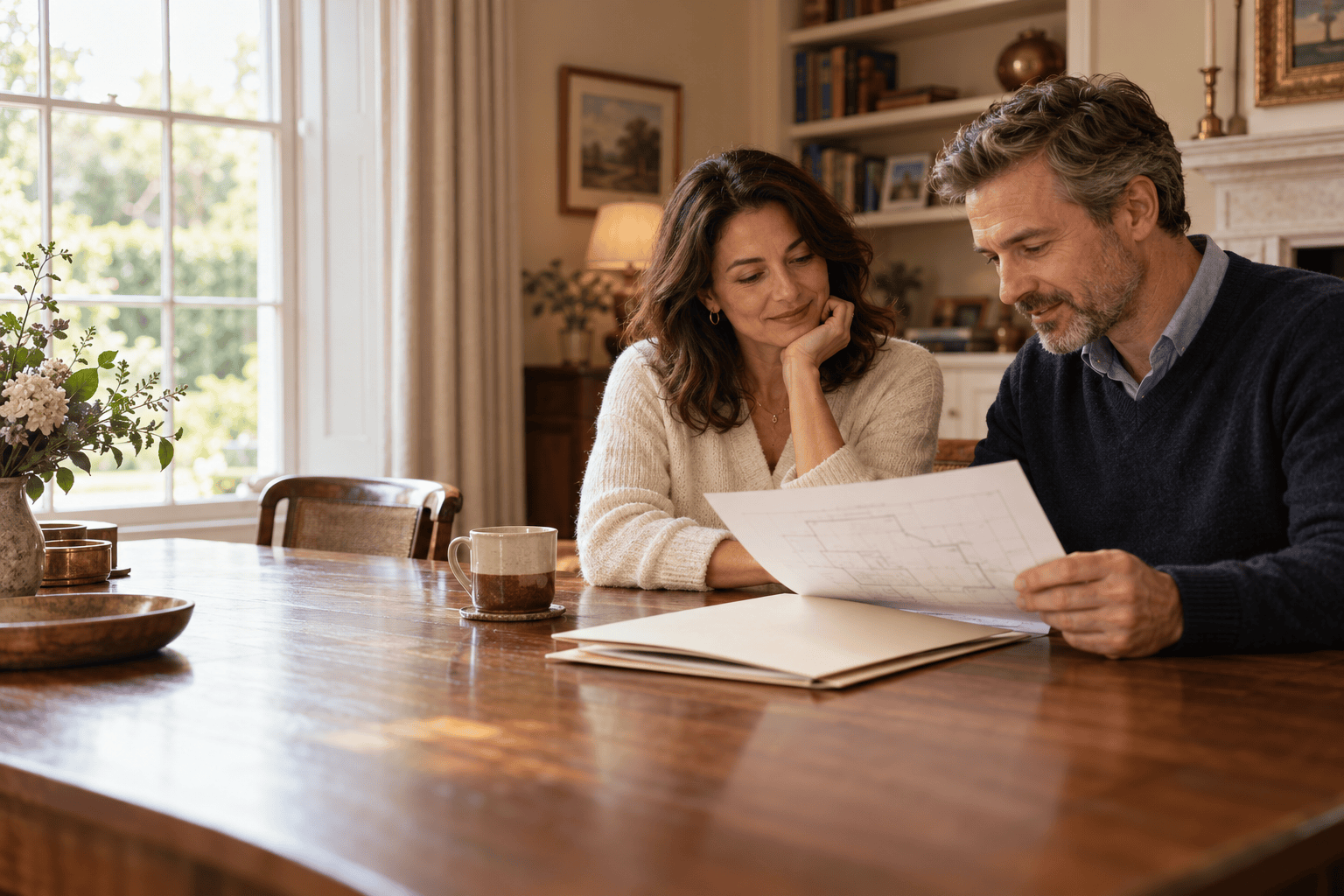 Unmarried couple reviewing their shared home and inheritance plans at a table