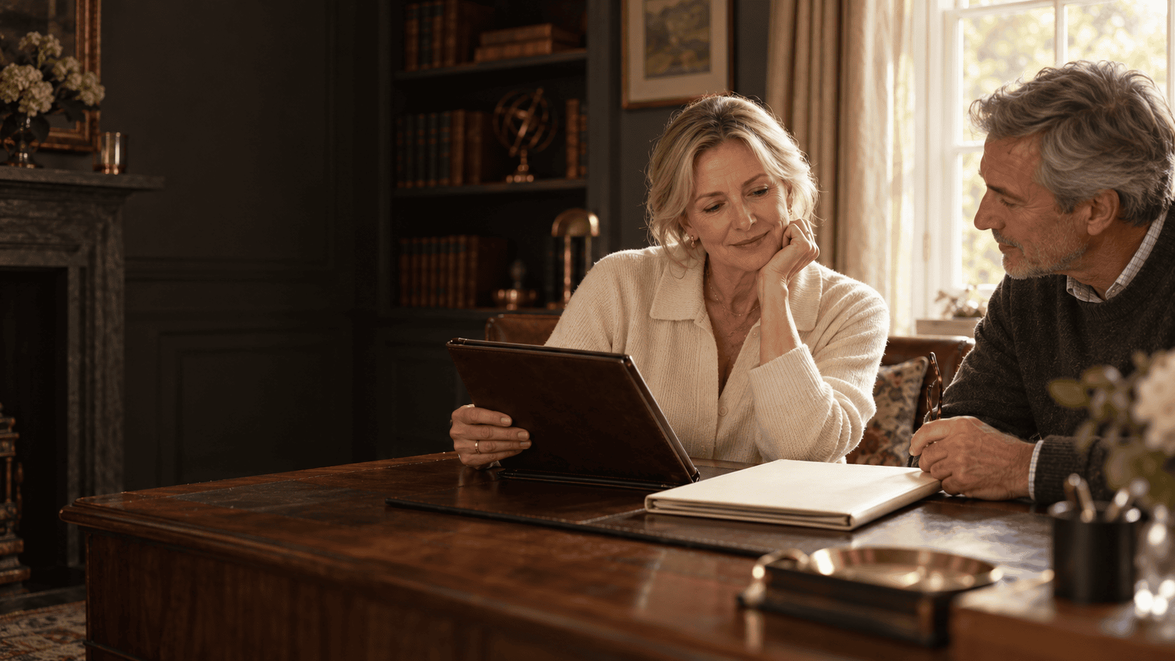 Couple reviewing an older Will and current family documents at home