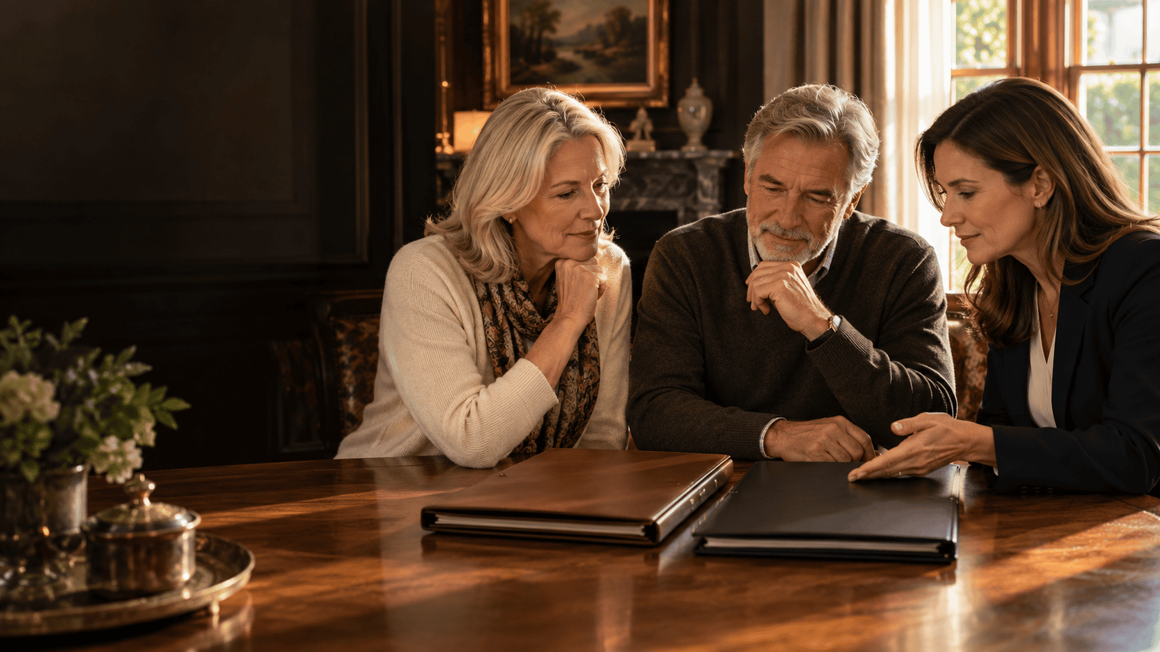 Couple and adult daughter discussing Will and Lasting Power of Attorney planning at home